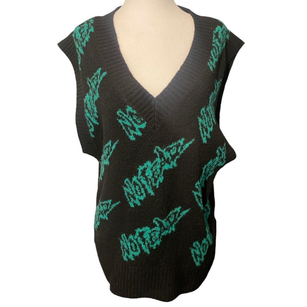 No Fear X H&M Sweater Vest Women’s Small Black Green Oversized Knit 90’s Y2K